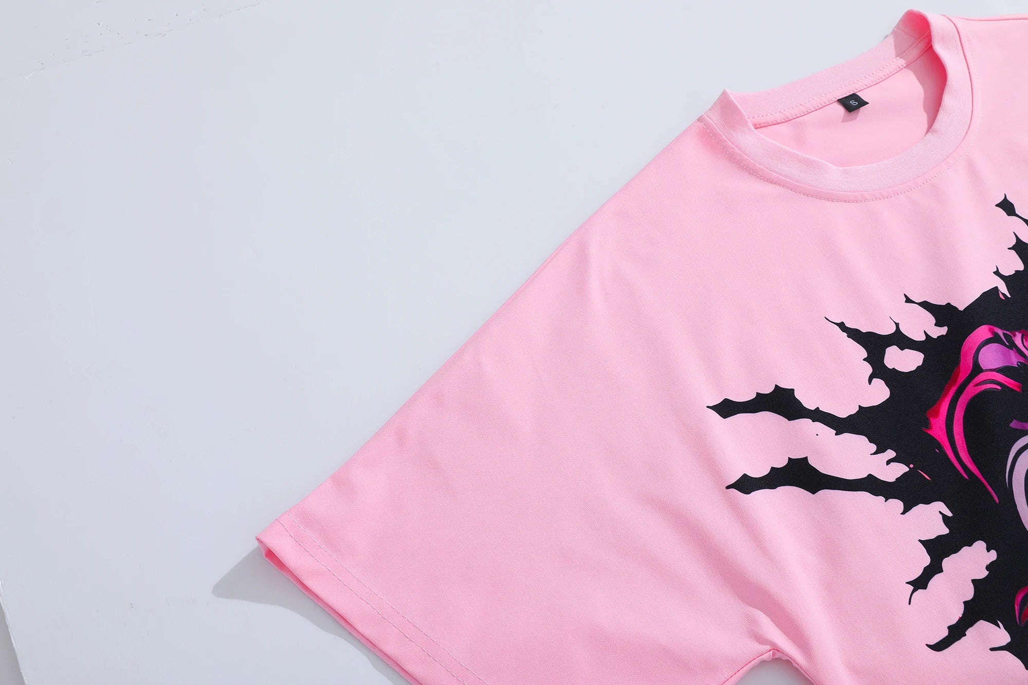Mens Pink Short Sleeve T-Shirt Distorted Cartoon Character Graphic Bold Exaggerated Print Alternative Art Streetwear Top