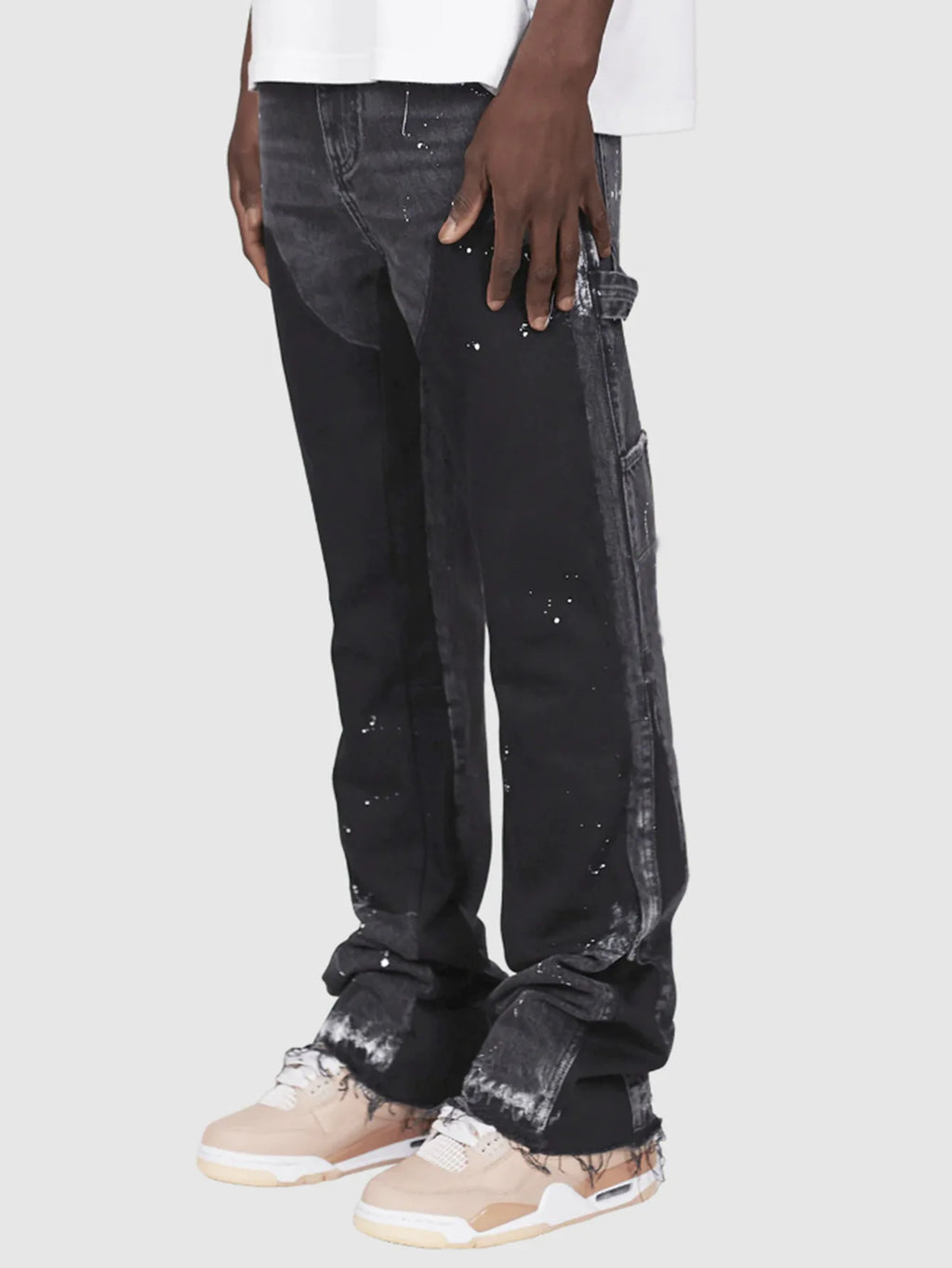 Men's Denim Work Pants workwear, Elastic Patch Denim Layered Flared Pants, Spring New Style