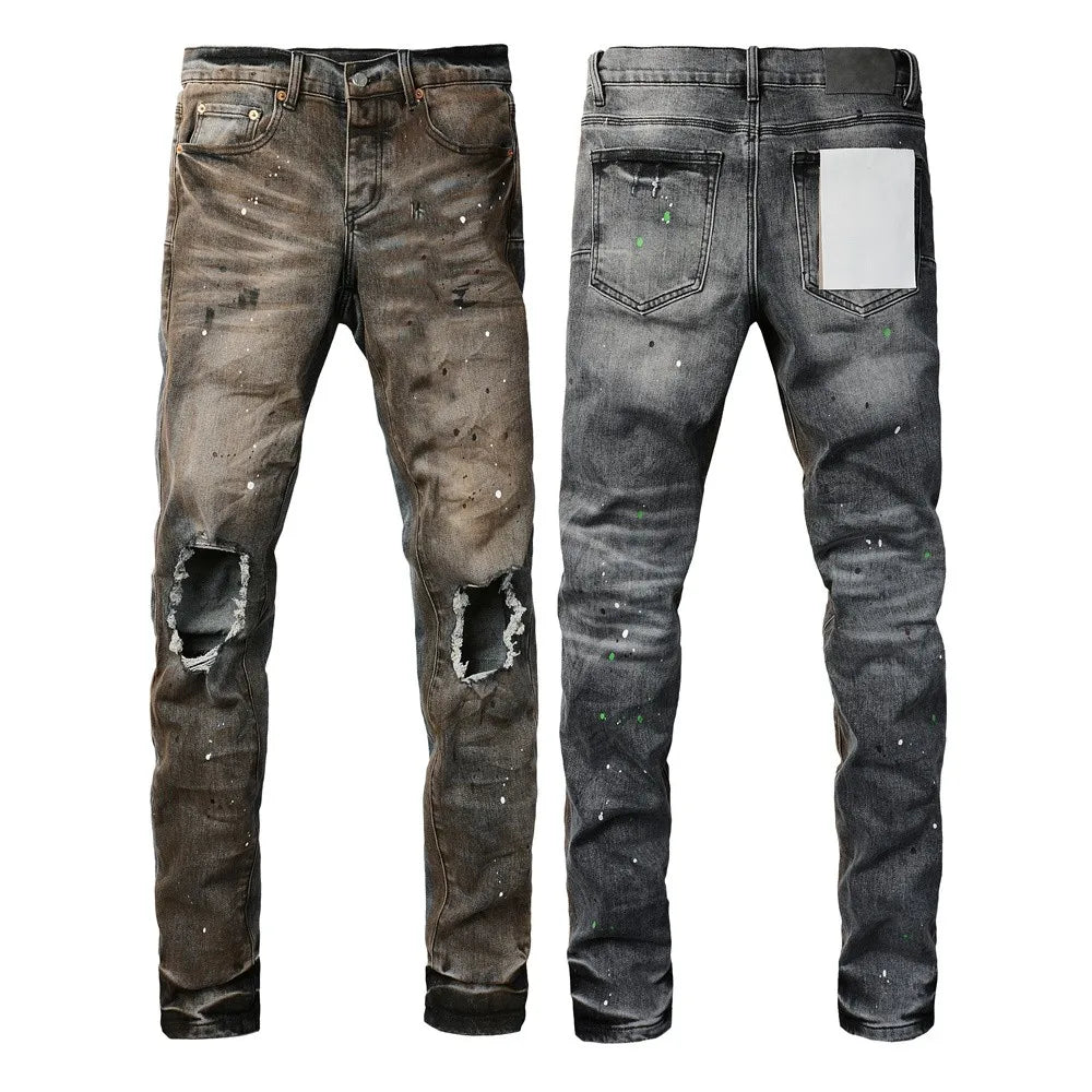 New Fashion Jeans Men High Street Black Splashing ink graffiti Distressed Hole Stretch Skinny Button Fly Ripped Jeans Brand
