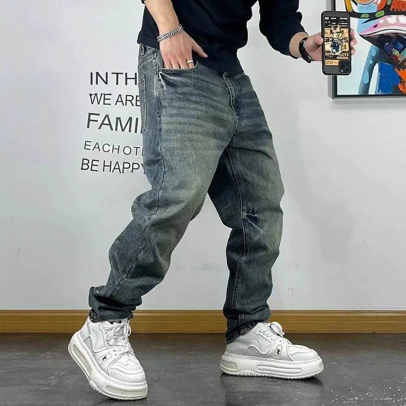 Fashion Brand Retro Washed Pure Cotton Jeans for Men Loose Small Right Angle Personalized Embroidery Versatile Casual Pants