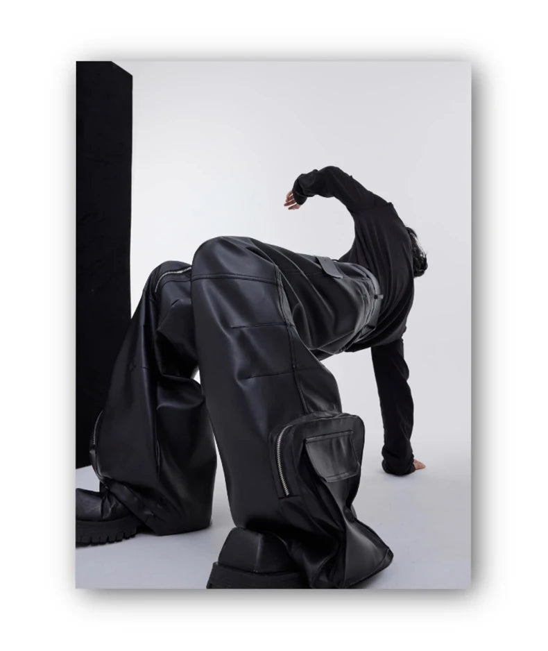 Mauroicardi Autumn Long Black Baggy Pu Leather Wide Leg Cargo Pants for Men Three-dimensional Pockets Luxury Designer Clothes