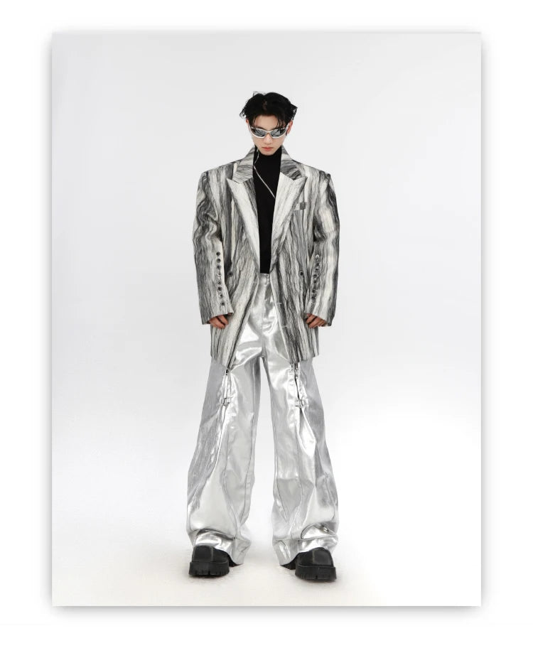 Mauroicardi Spring Autumn Cool Long Loose Casual Soft Black Silver Pu Leather Pants Men with Many Zippers Trousers Fashions 2023
