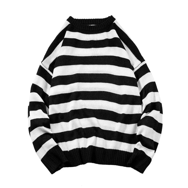 Classic Vintage Striped Sweater Men's Casual Japanese Trendy Red White Pullover Loose Round Neck Couple's Jumper Street Kintwear