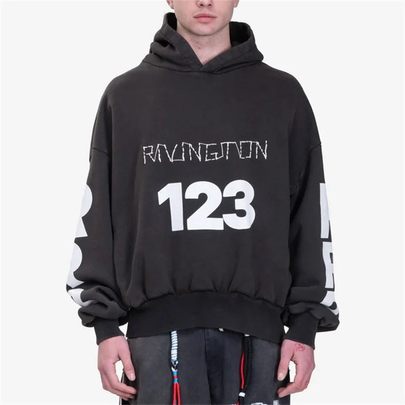 Heavyweight Fabric RRR123 Digital Embroidery Hooded Sweatshirt Washed Black Oversized Men Women Premium Quality Hoodie