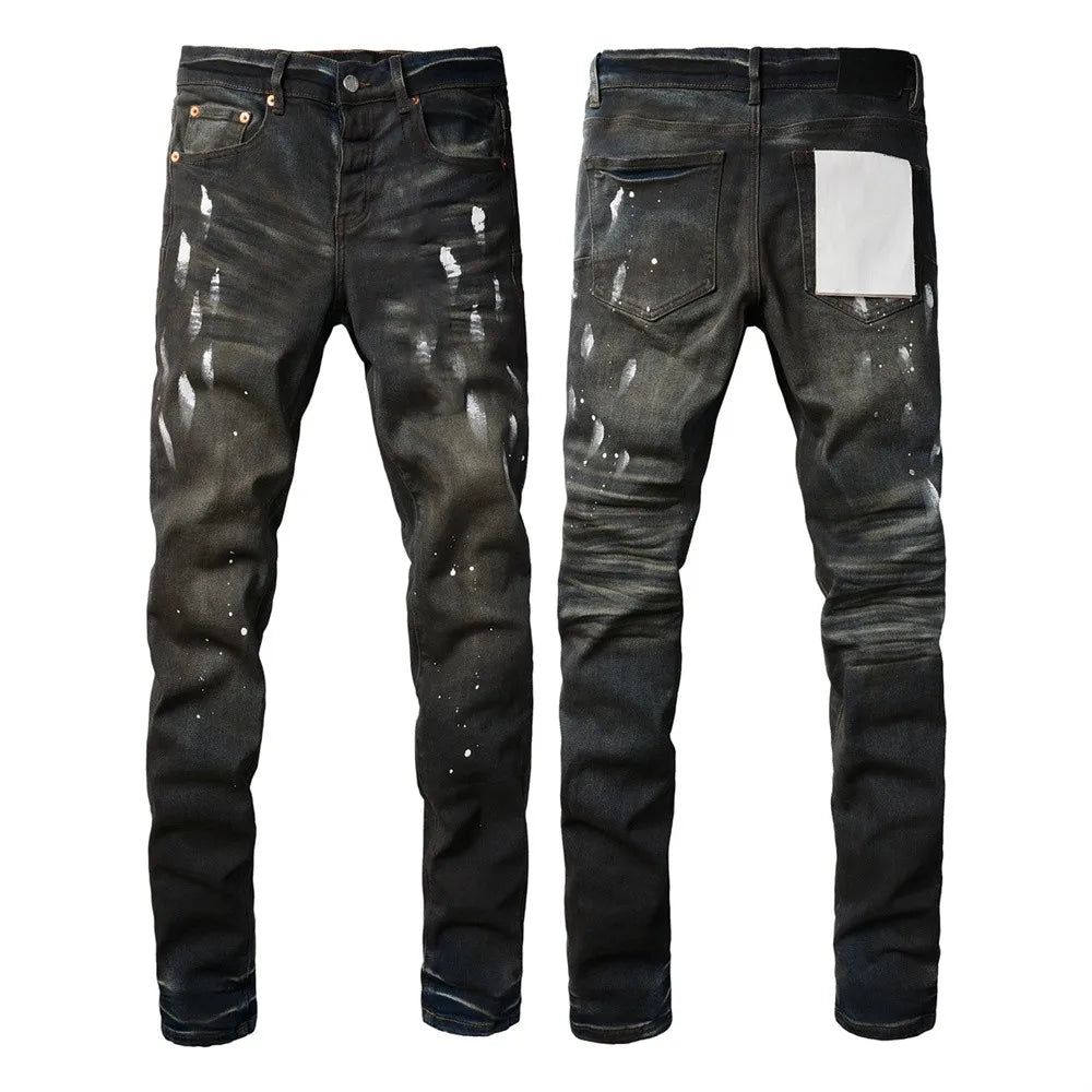 New Fashion Jeans Men High Street Black Splashing ink graffiti Distressed Hole Stretch Skinny Button Fly Ripped Jeans Brand
