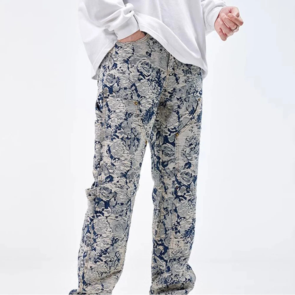 Men Jeans Jacquard Washed Cargo Casual Straight Pants Streetwear Fashion Hip Hop Retro Trend Trousers Male Men'S Clothing 2024