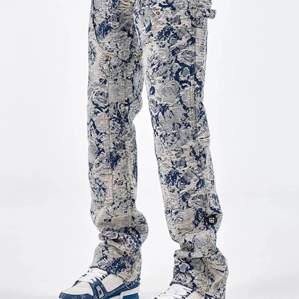 Men Jeans Jacquard Washed Cargo Casual Straight Pants Streetwear Fashion Hip Hop Retro Trend Trousers Male Men'S Clothing 2024