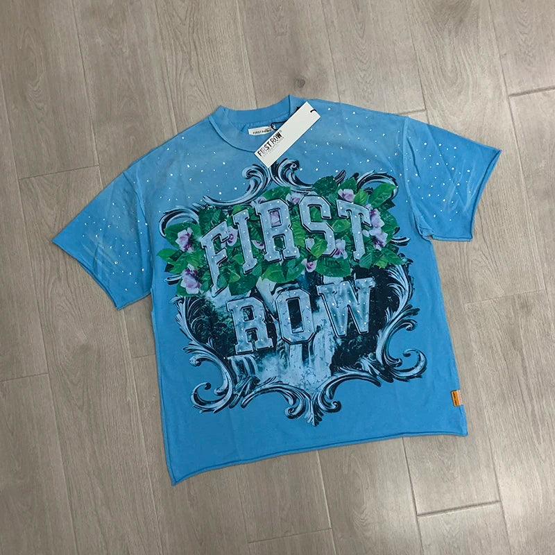 Casual FIRST ROW T-Shirts Washed  Street Fashion American Style Hot Drill Letters Mens Womens High Quality Short Sleeves Tee