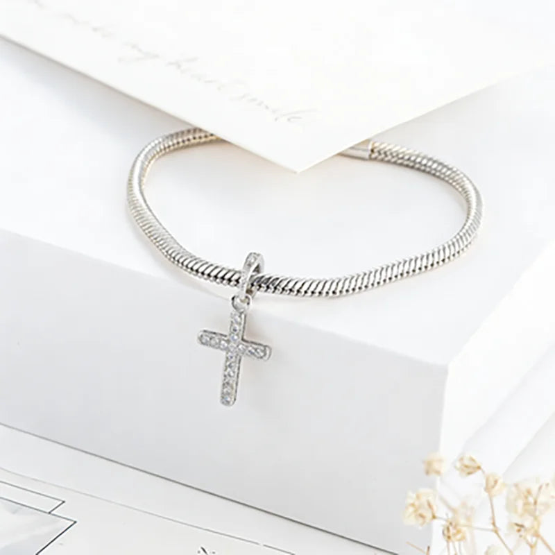 Sparkling CZ Cross Pendant Charm for Bracelet Necklace, 925 Sterling Silver Plated, Religious DIY Jewelry Gift for Women Men