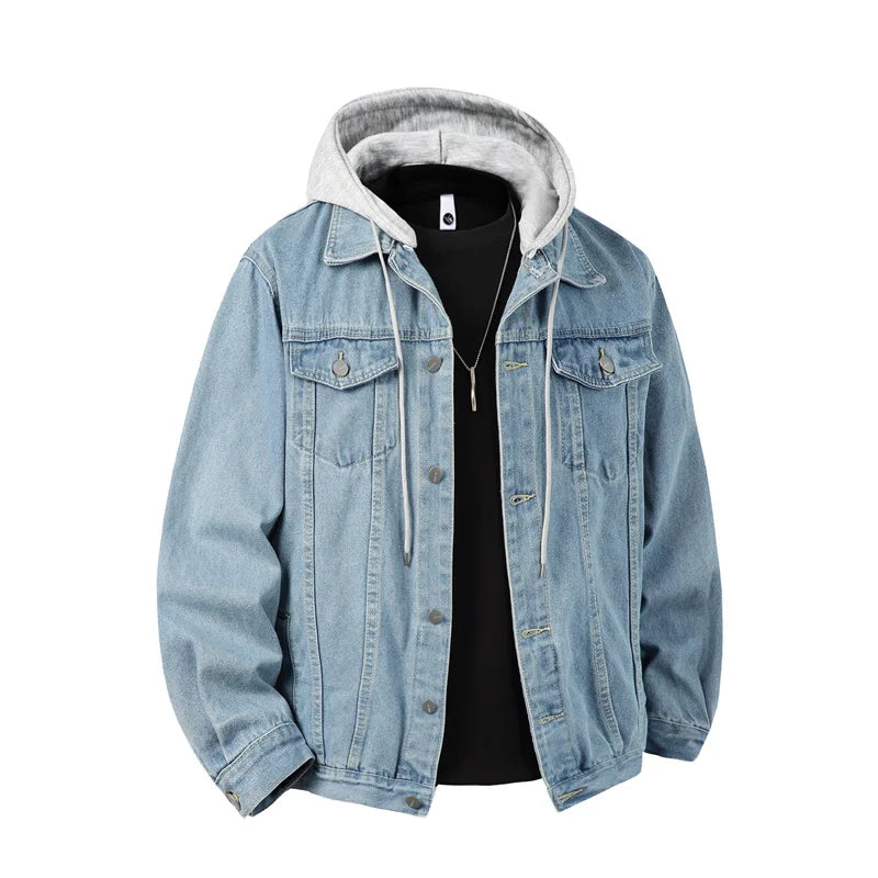 Men Hooded Denim Jacket Men Streetwear Turn Down Collar Outwear Coat Male Retro Motorcyle Jackets Man Patchwork Bomber Jacket