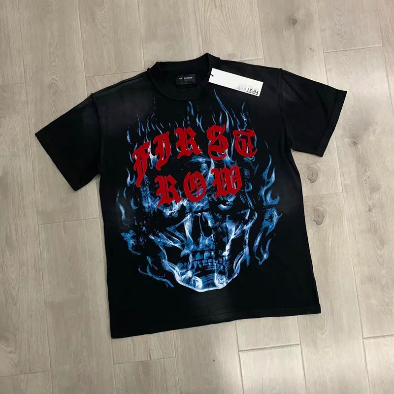 Casual FIRST ROW T-Shirts Washed  Street Fashion American Style Hot Drill Letters Mens Womens High Quality Short Sleeves Tee