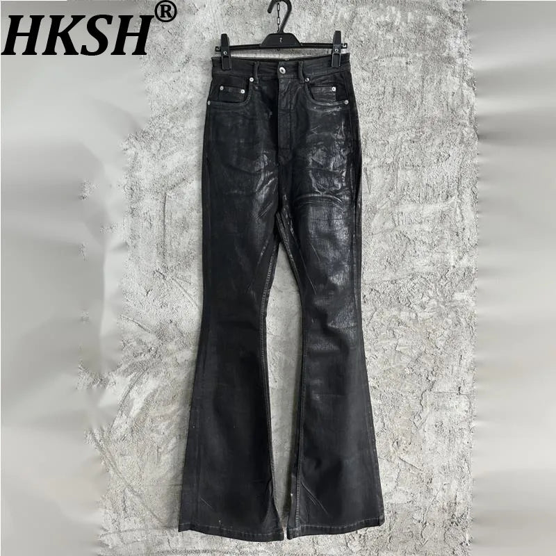 HKSH Spring Autumn Man Dark RO Double Stitching Waxed Denim Pants High Street Punk Wide Leg Flared Vintage Elastic Jeans HK10422