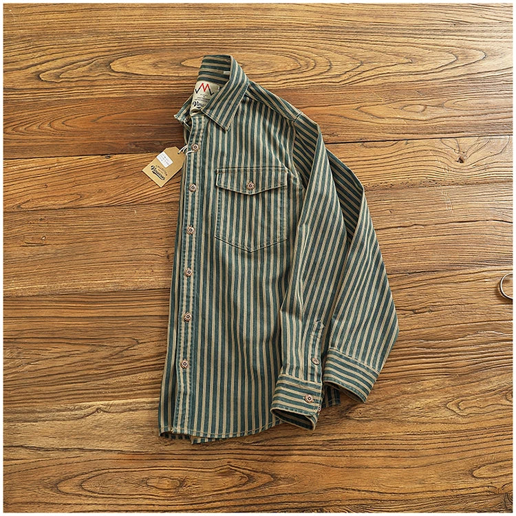 Retro Waed Distred Blue Vertical Stripe Trendy Denim irt Men's Loose American Long Sve Workwear irt Coat