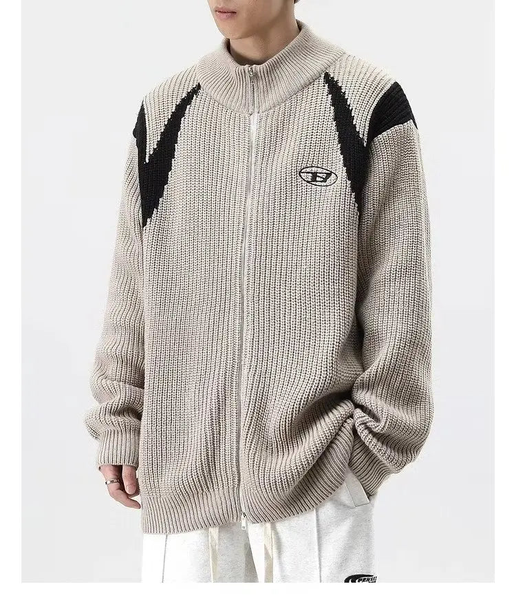 Double Zipper Cardigan Sweater Men Women Retro Loose Knitted Jumpers Autumn Streetwear Harajuku Street Color Block Jacket New