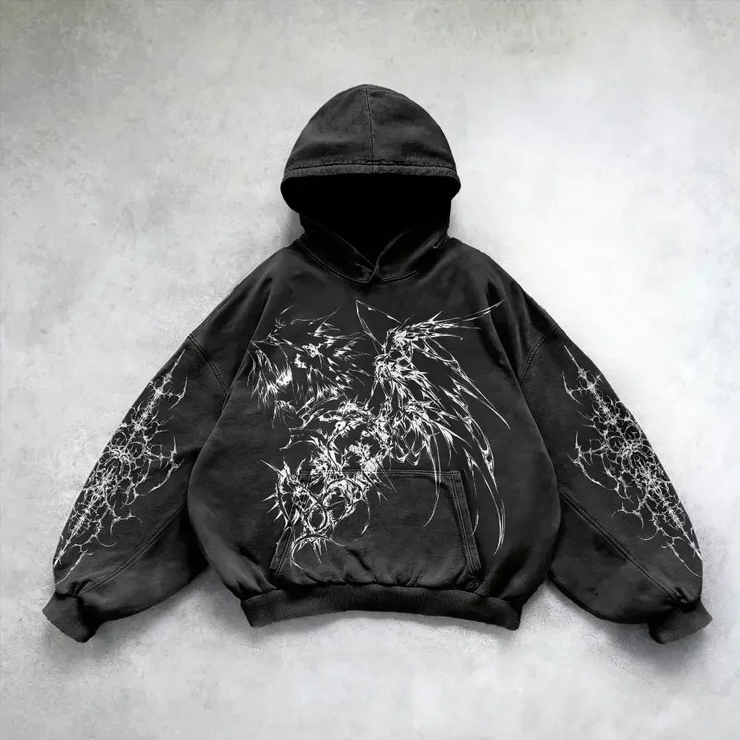 Harajuku y2k gothic white print design pattern black hoodie goth oversized hoodies women streetwear tops sweatshirt men clothing