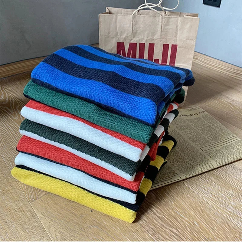 Classic Vintage Striped Sweater Men's Casual Japanese Trendy Red White Pullover Loose Round Neck Couple's Jumper Street Kintwear