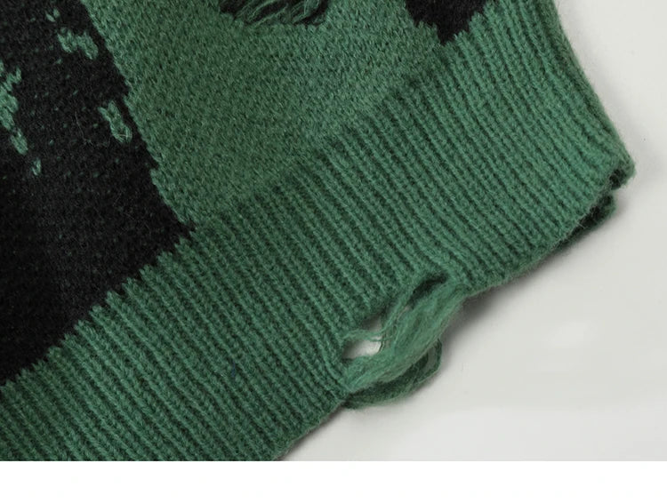 2025 Men Streetwear Ripped Sweater Distressed Vintage Letter Graphic Hip Hop Knitted Sweater Retro Pullover Sweater Hipster