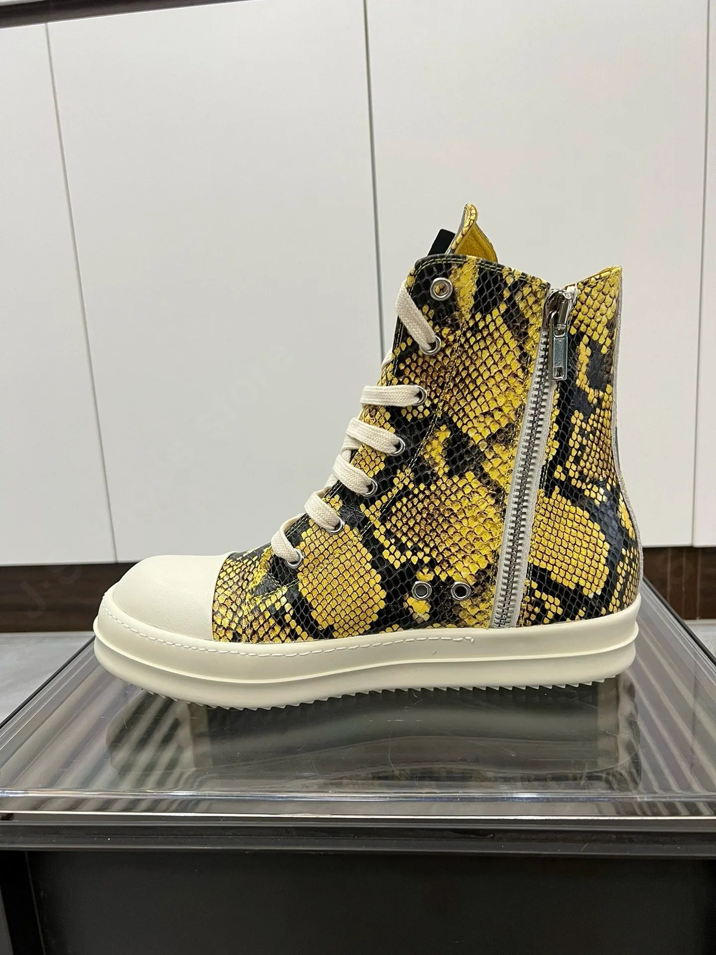 R-o Men Sneaker Yellow Boa Leather High Top Shoe Lace Up Women Casual Shoes Boots Zipper Sneakers Yellow Cowhide Ankle Boot