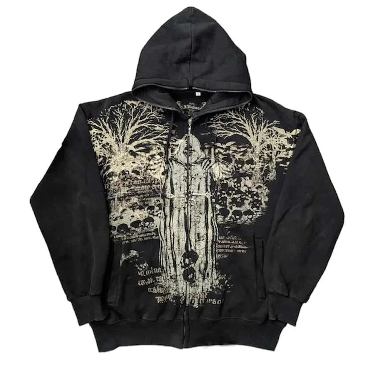 Ecko Dark Gothic Skull Eye Print Hoodie Men Women Streetwear Punk Oversize Black Sweatshirt Distressed Artistic Casual Pullover