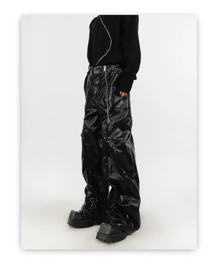 Mauroicardi Spring Autumn Cool Long Loose Casual Soft Black Silver Pu Leather Pants Men with Many Zippers Trousers Fashions 2023