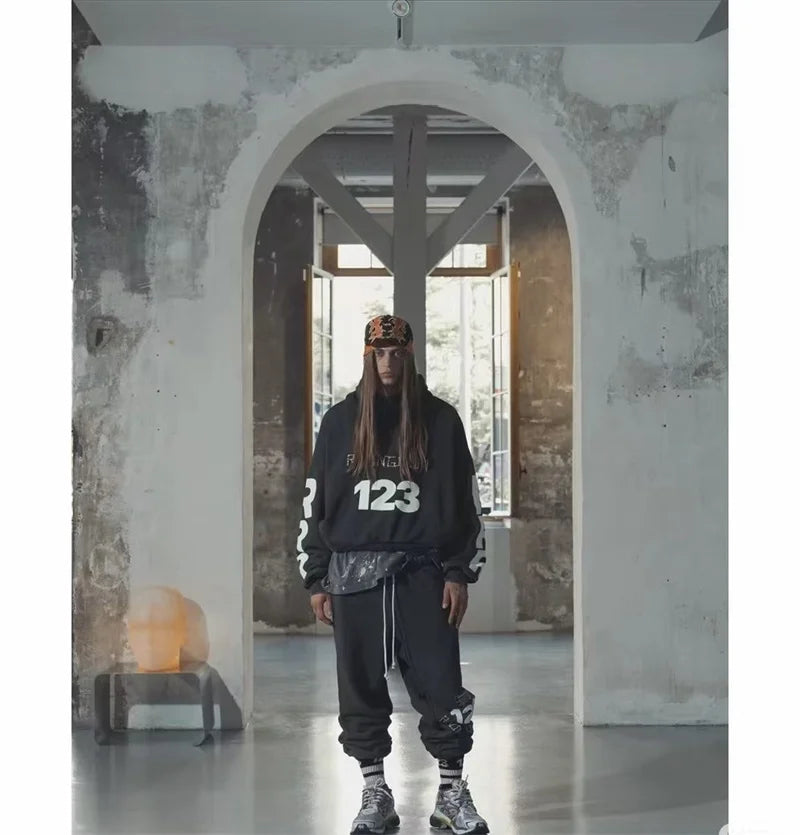 Heavyweight Fabric RRR123 Digital Embroidery Hooded Sweatshirt Washed Black Oversized Men Women Premium Quality Hoodie