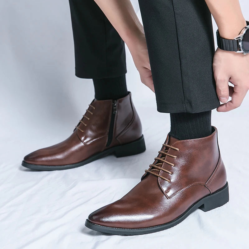 Leather Boots Men Zip Lace-up High Top British Versatile Men Fashion Business Dress Social Boots Mens Platform Casual Men Boots