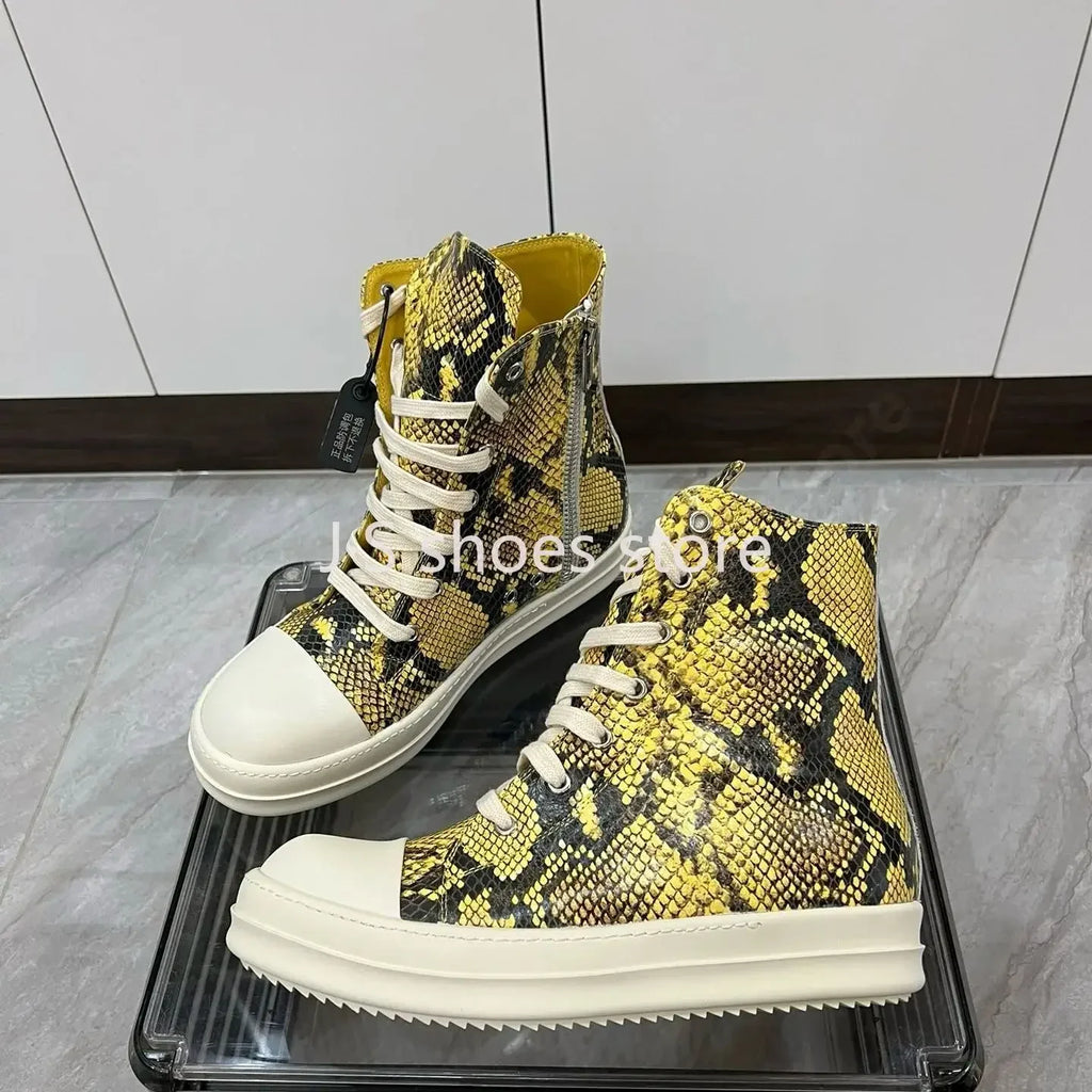 R-o Men Sneaker Yellow Boa Leather High Top Shoe Lace Up Women Casual Shoes Boots Zipper Sneakers Yellow Cowhide Ankle Boot