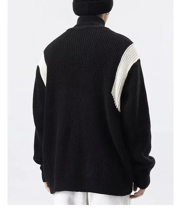 Double Zipper Cardigan Sweater Men Women Retro Loose Knitted Jumpers Autumn Streetwear Harajuku Street Color Block Jacket New