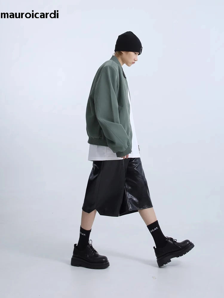 Mauroicardi Spring Summer Loose Casual Soft Black Pu Leather Shorts for Men Mens Elastic Waist Short Straight Pants Clothes 2023