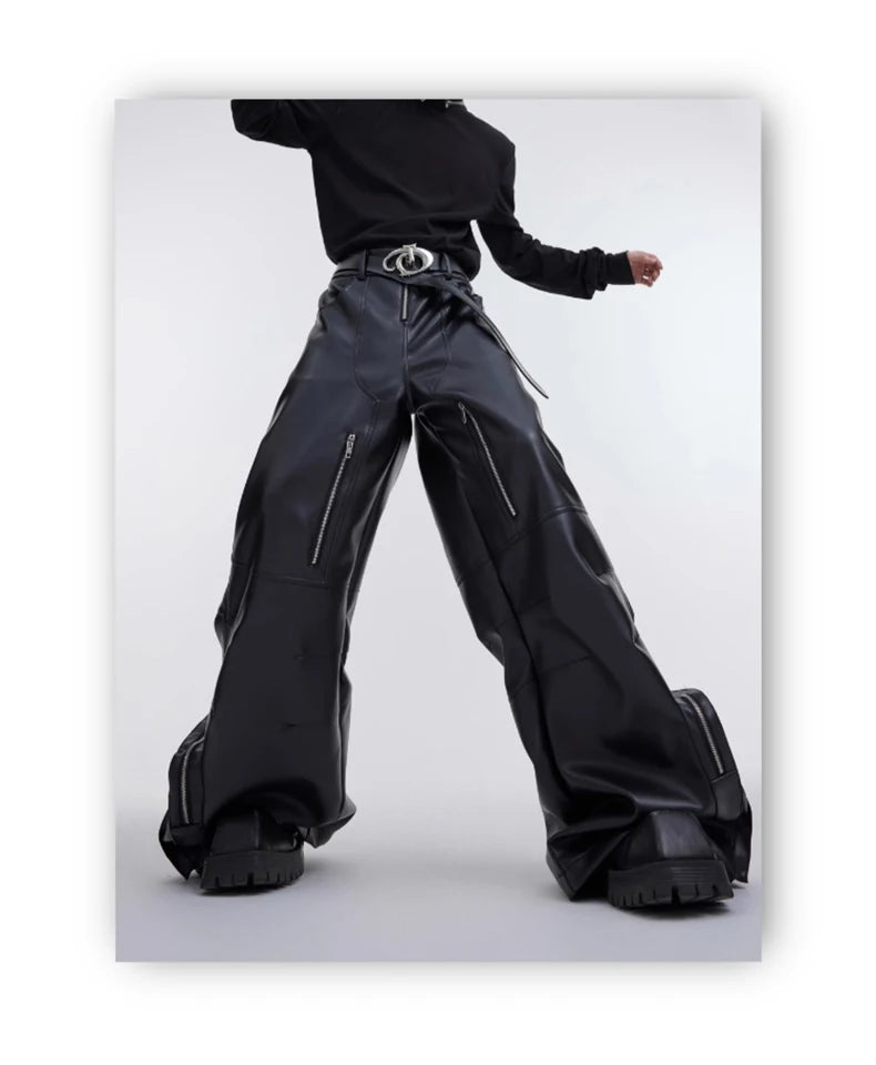 Mauroicardi Autumn Long Black Baggy Pu Leather Wide Leg Cargo Pants for Men Three-dimensional Pockets Luxury Designer Clothes