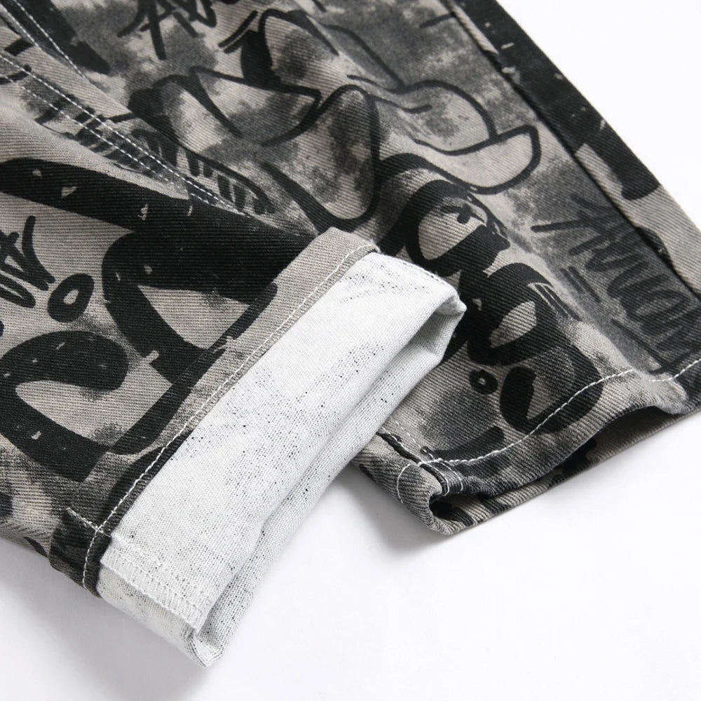 Men Graffiti Print Jeans Fashion Painted Stretch Cotton Denim Pants Slim Straight Trousers