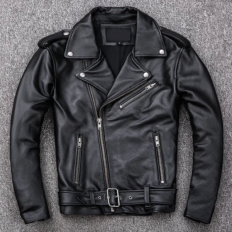 2024 New Spring Classical Motorcycle oblique zipper Jackets Men Leather Jacket Natural Calf Skin Thick Slim Cowhide Moto Jacket