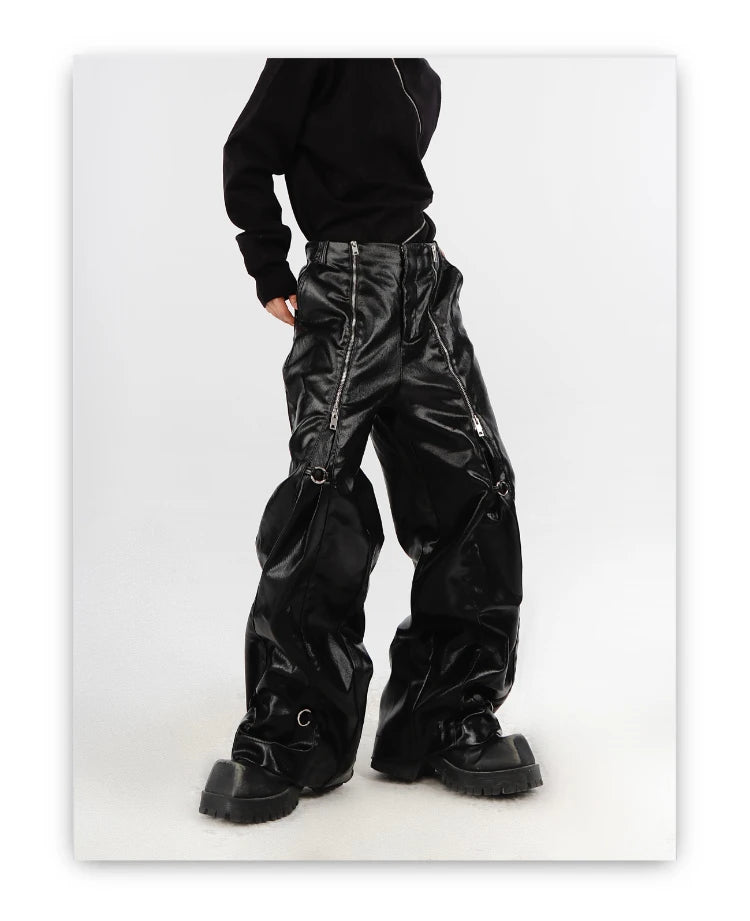 Mauroicardi Spring Autumn Cool Long Loose Casual Soft Black Silver Pu Leather Pants Men with Many Zippers Trousers Fashions 2023