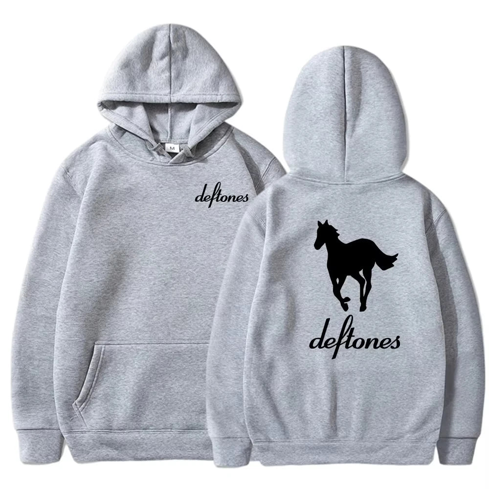 European and American fashion trend, long sleeved hooded top, men's loose hoodie Deftones white horse print