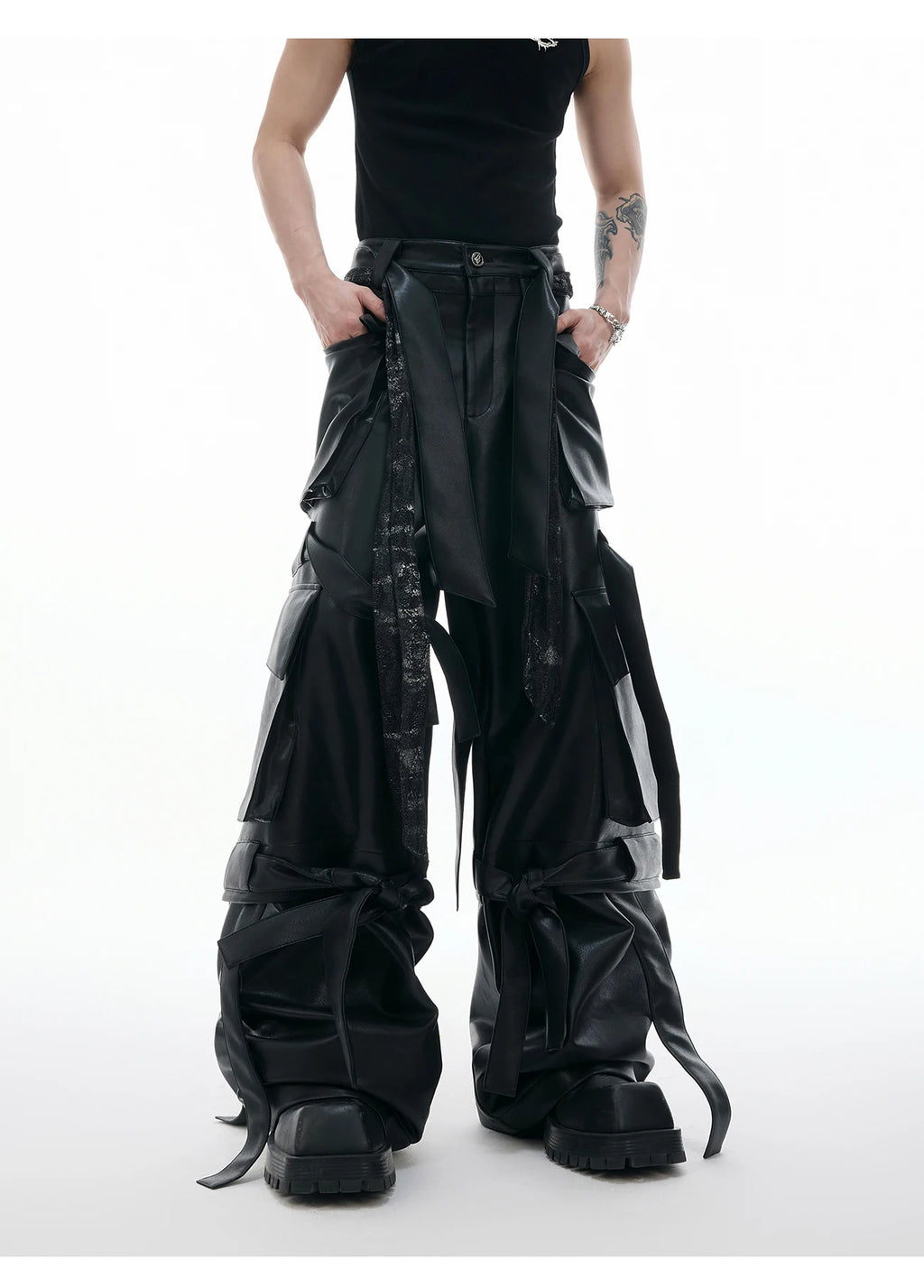 Mauroicardi Autumn Cool Long Baggy Black Pu Leather Wide Leg Cargo Pants Men Many Pockets Luxury Designer Emo Clothes Streetwear