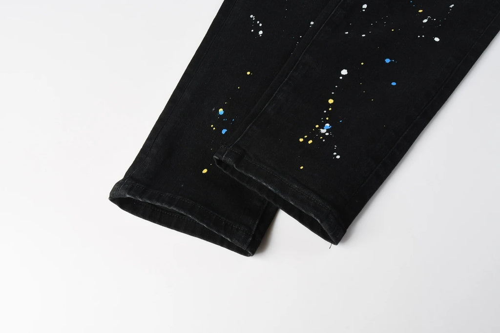 New Fashion Jeans Men High Street Black Splashing ink graffiti Distressed Hole Stretch Skinny Button Fly Ripped Jeans Brand