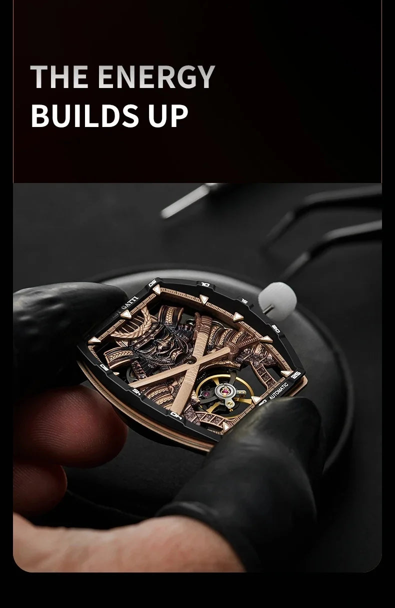 BONEST GATTI Carbon Fiber Case Men Automatic Movement Wristwatch Skeleton Warrior Sapphire Glass Mechanical Watches for Men 2025
