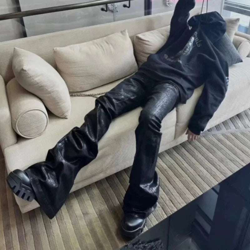 HKSH Spring Autumn Men Dark RO Style Niche Dark Wax Coated High Elastic Ribbon Jeans Wide Leg Flared Denim Pants Trendy HK18686