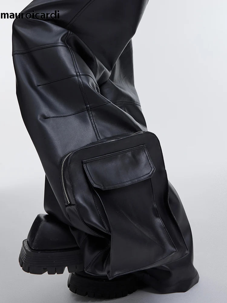 Mauroicardi Autumn Long Black Baggy Pu Leather Wide Leg Cargo Pants for Men Three-dimensional Pockets Luxury Designer Clothes