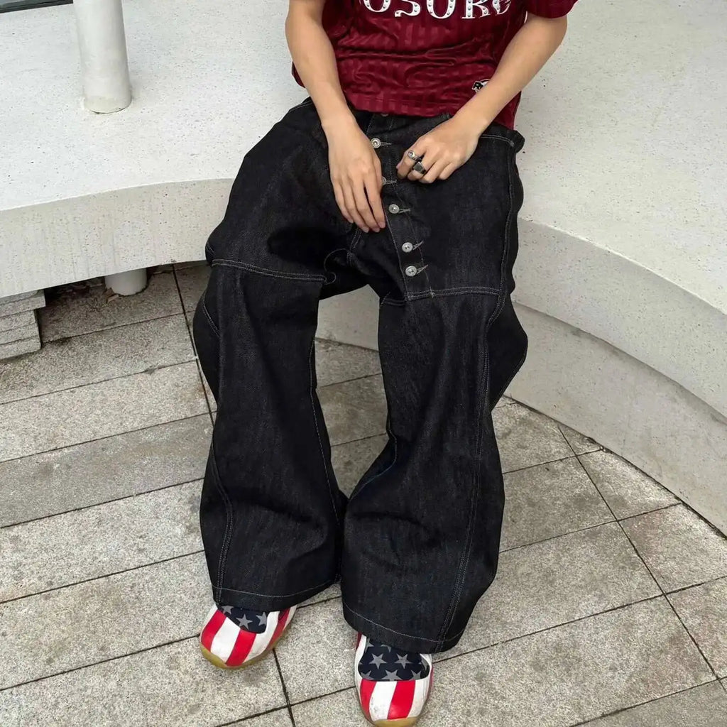 PFNW American High Street Curved Long Button Scimitar Men's Jeans Summer Loose Wide-Leg Pants Trendy Male Trousers 28W8103