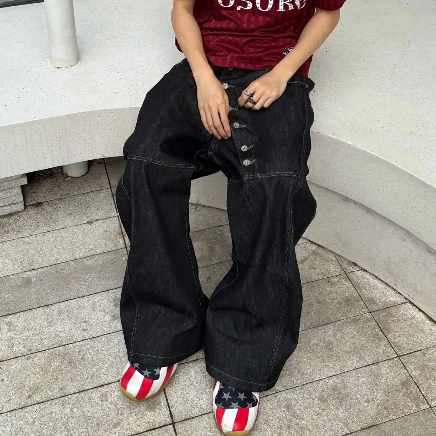 PFNW American High Street Curved Long Button Scimitar Men's Jeans Summer Loose Wide-Leg Pants Trendy Male Trousers 28W8103