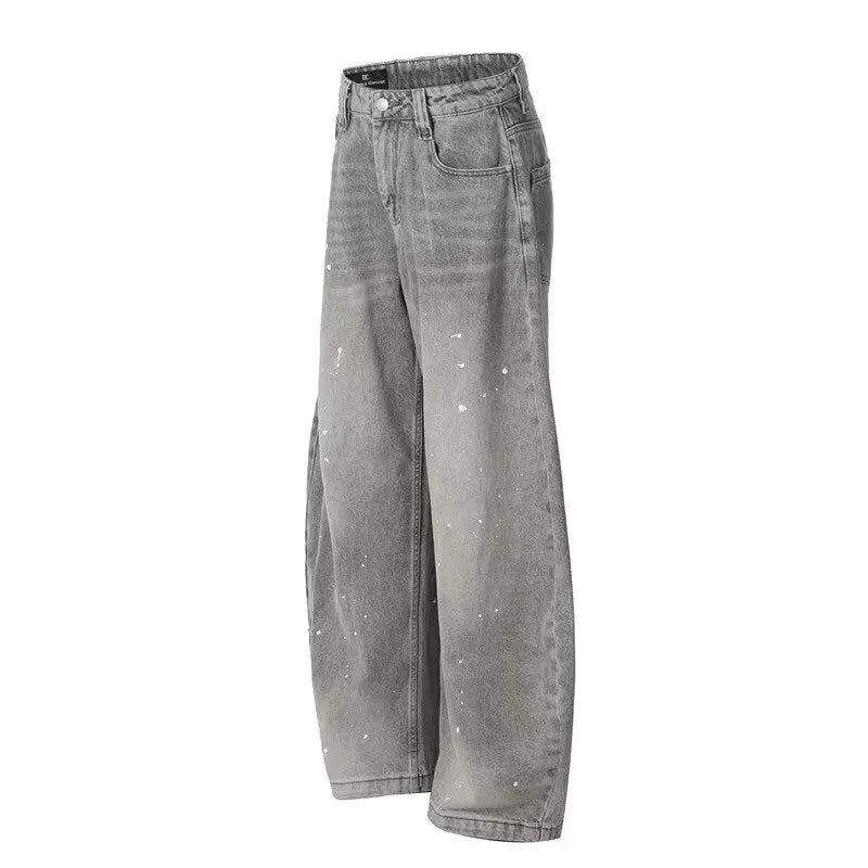 Spring and Autumn Retro Washed Vintage Grey Splash Ink Curved Knife Jeans for Men and Women Trendy Brand American Street Loose P