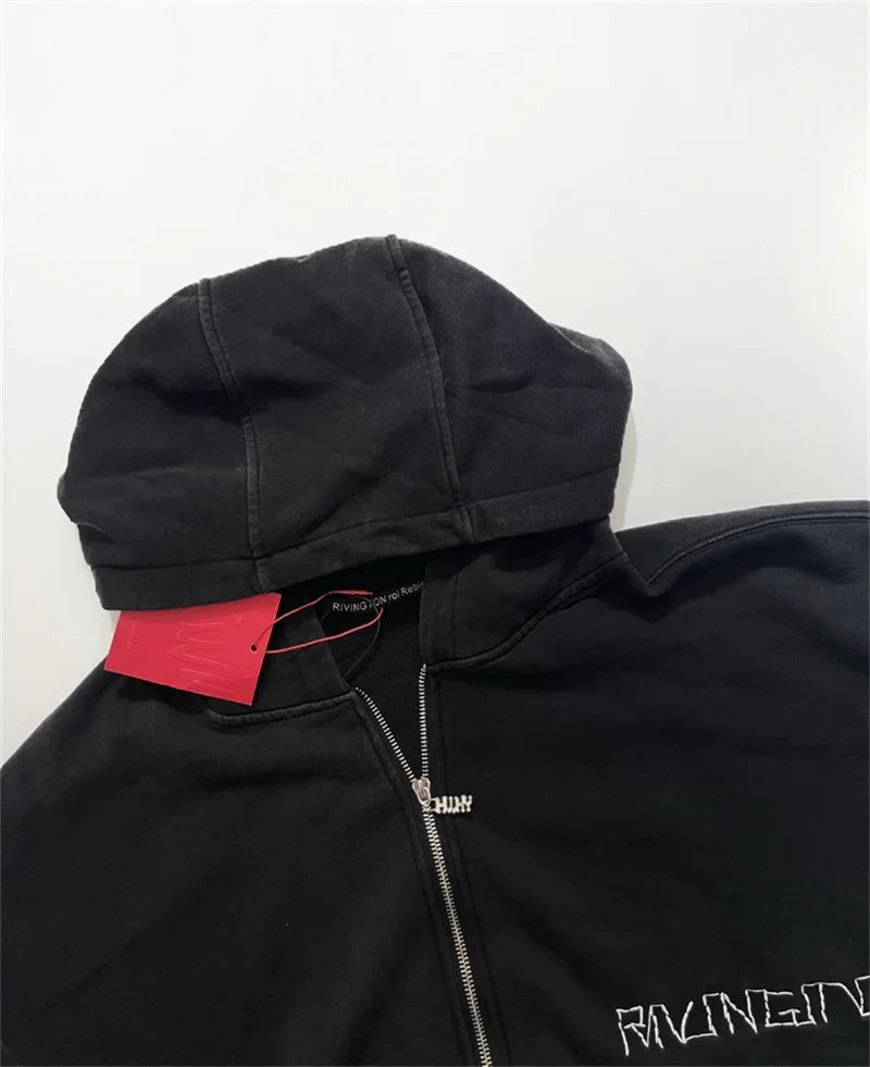 Heavyweight Fabric RRR123 Digital Embroidery Hooded Sweatshirt Washed Black Oversized Men Women Premium Quality Hoodie