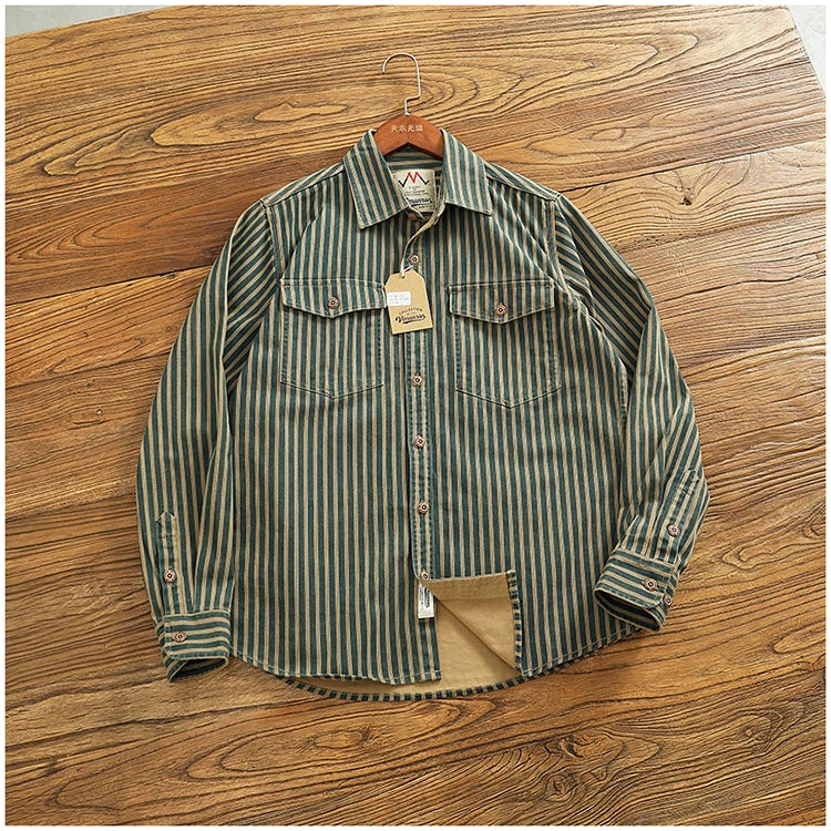 Retro Waed Distred Blue Vertical Stripe Trendy Denim irt Men's Loose American Long Sve Workwear irt Coat