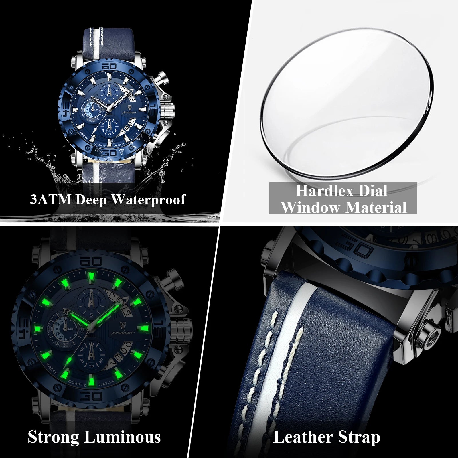 POEDAGAR Sports Watches For Man Waterproof Luminous Date Male Clock Chronograph Leather Quartz Functional Men's Wristwatch Reloj