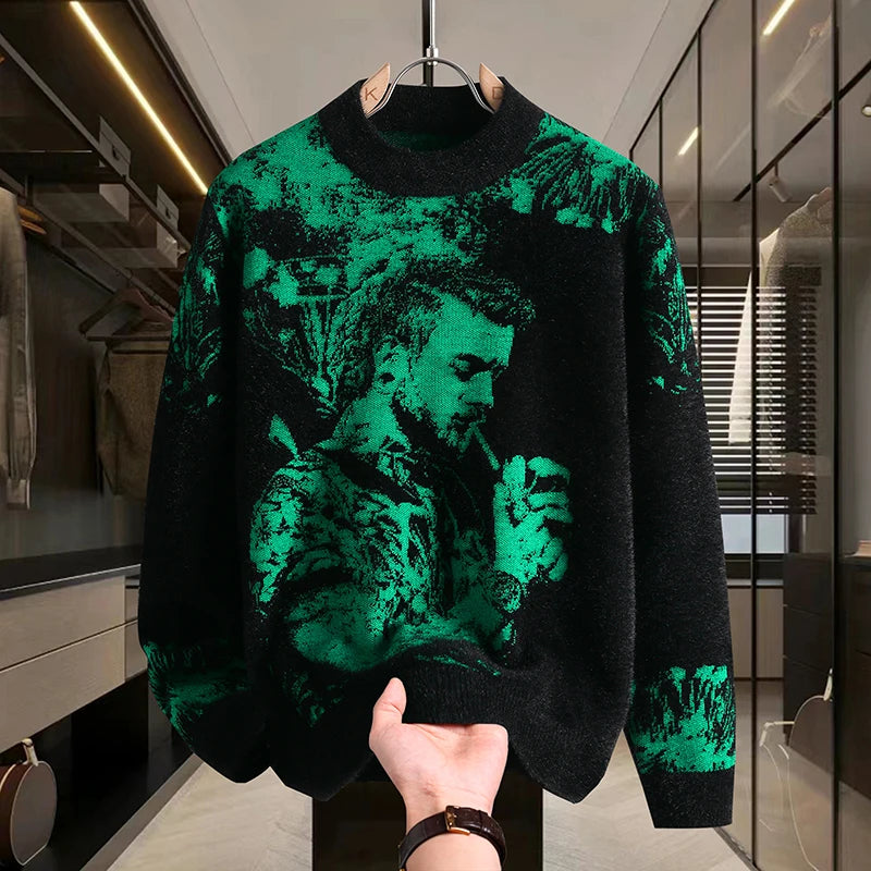 Retro Men's Printed Slim Knit Sweater for Men's Base, 2025 Brand Premium Tops, High-quality Men's Plus Size Warm Sweater
