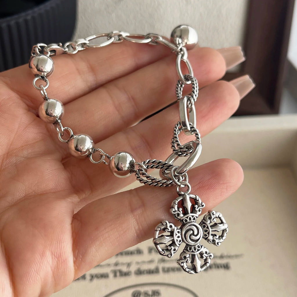 100% Solid 925 Sterling Silver Retro Bracelet for Women Men Vintage Handmade Flower Tassel Bracelet Birthday Gift