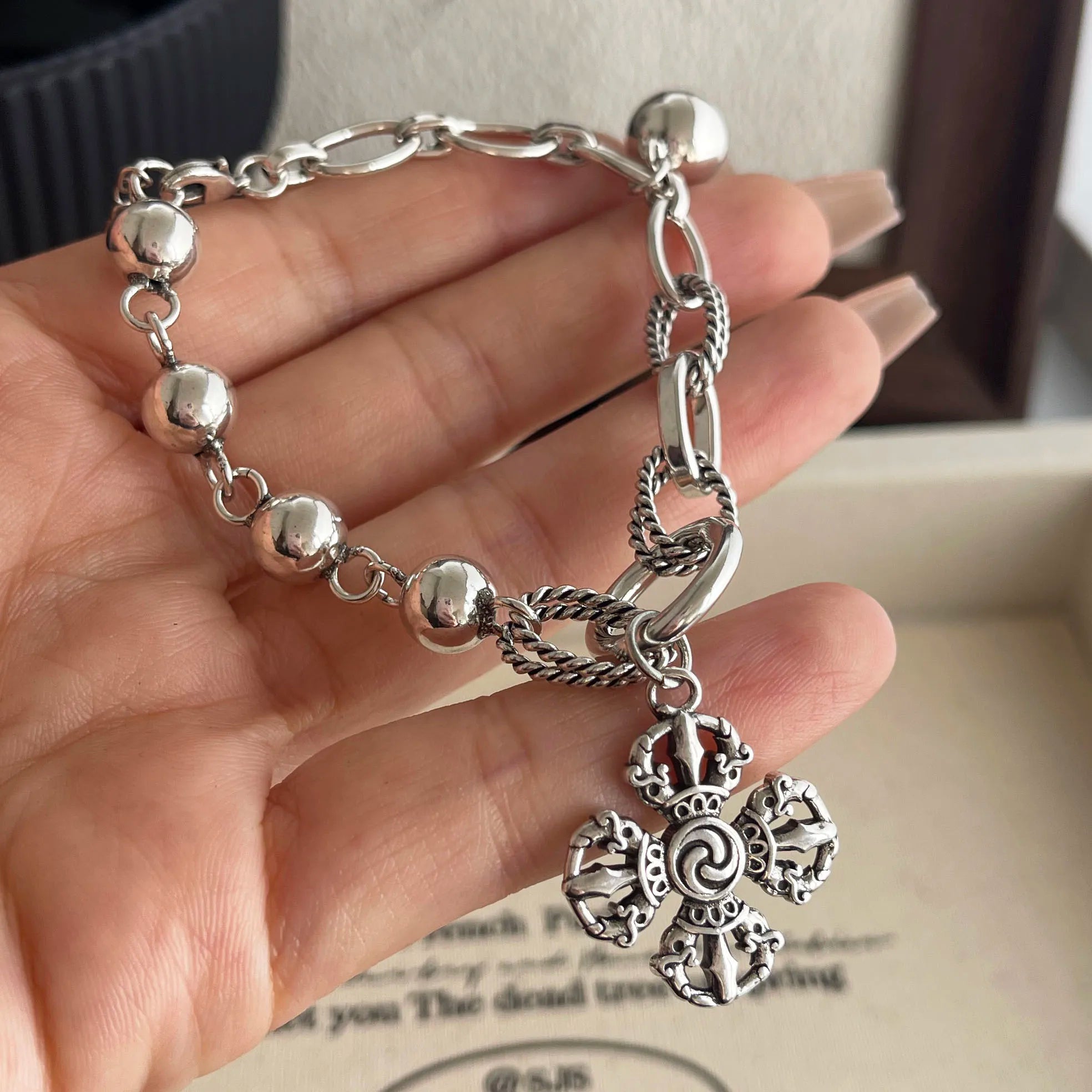 100% Solid 925 Sterling Silver Retro Bracelet for Women Men Vintage Handmade Flower Tassel Bracelet Birthday Gift