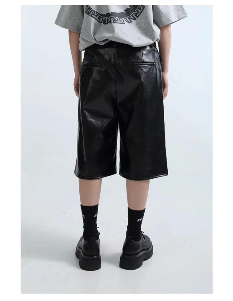 Mauroicardi Spring Summer Loose Casual Soft Black Pu Leather Shorts for Men Mens Elastic Waist Short Straight Pants Clothes 2023