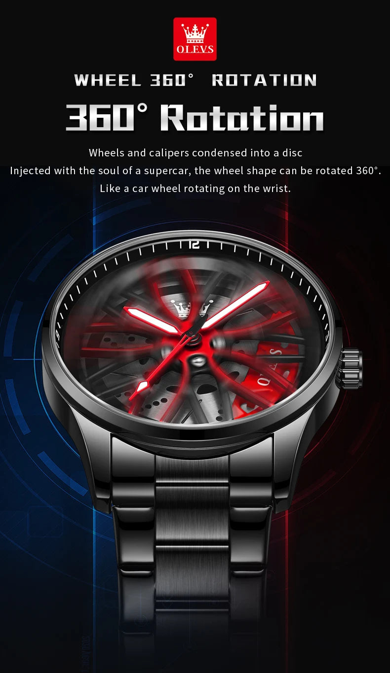 OLEVS 9937 Quartz Watch for Men Fashion 3D Hollow Wheel Rotary Dial Black Stainless Steel Waterproof Luminous Sports Wristwatch